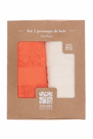 Set 2 prosoape de baie Viva, Square Nature, 50 x 90 cm, 100% bumbac organic, crem/portocaliu mezoni.ro