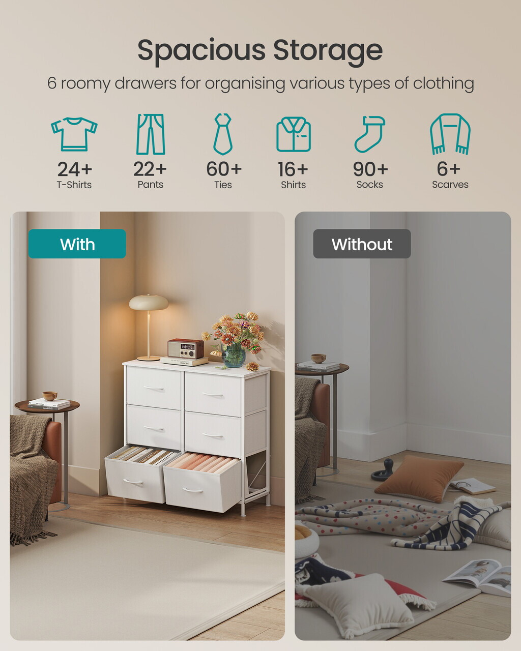 Comoda cu 6 sertare, Songmics, 76.7x30x73.7 cm, sertare textile, cadru metalic, alb - imagine 7