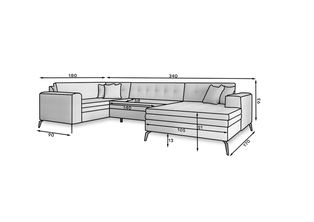 Coltar extensibil dreapta 5 locuri ELTAP, MON-RT-04GO, Montez, 340x180x93 cm, lemn/poliester, gri deschis