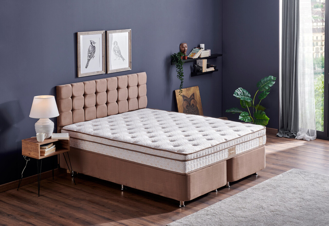 Saltea dubla, Base & Headboard, Niron, Helen, 150x38x200 cm, Cadru: OȚEL, Maro deschis - 1 | YEO