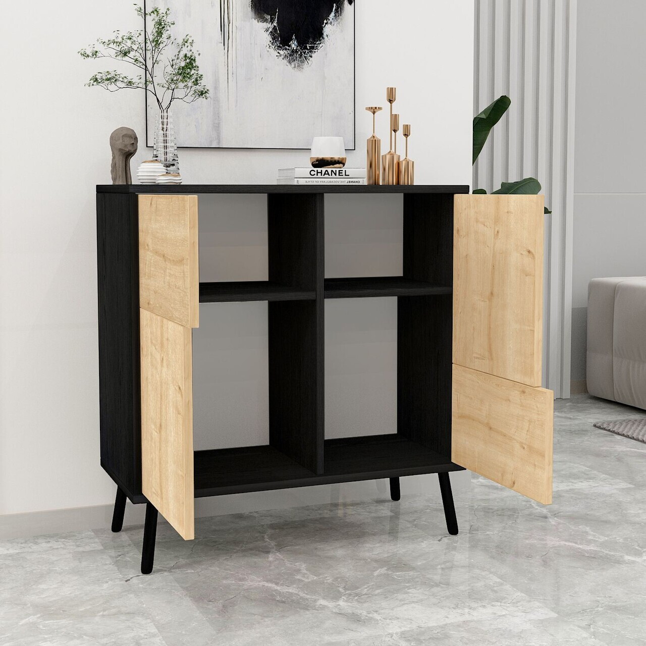 Dulap multifunctional, Hanah Home, Darien, 76.5x79.5x35 cm, PAL, Lemn negru / Stejar safir — imaginea 3