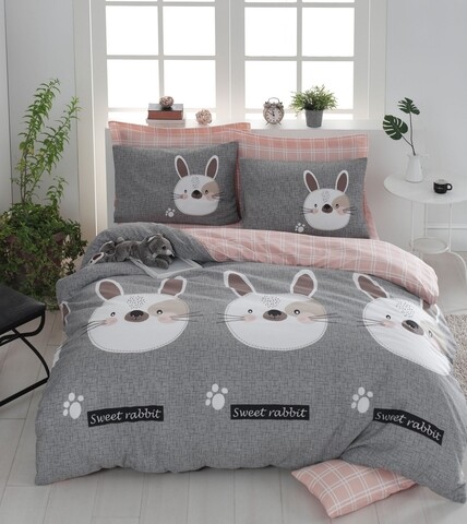 Lenjerie de pat dubla King (EU) Tavşancık, Eponj Home, 3 piese, 260x220 cm, amestec bumbac, turcoaz