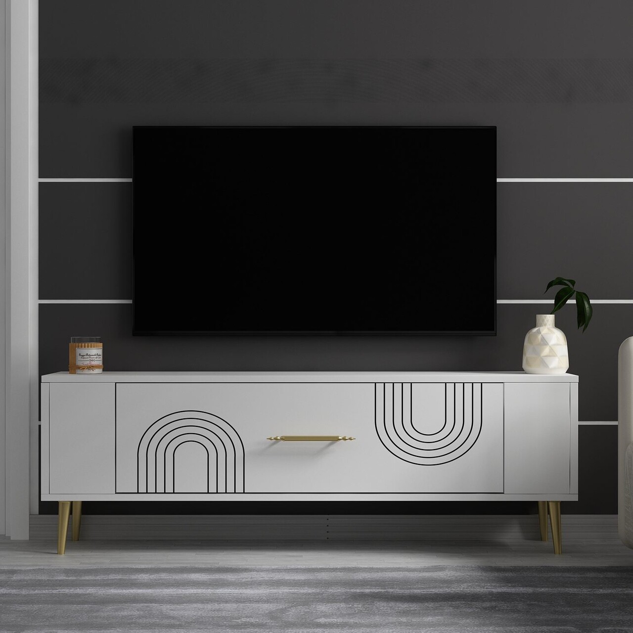 Comoda TV, Olivia, Retrol2, Alb/Auriu