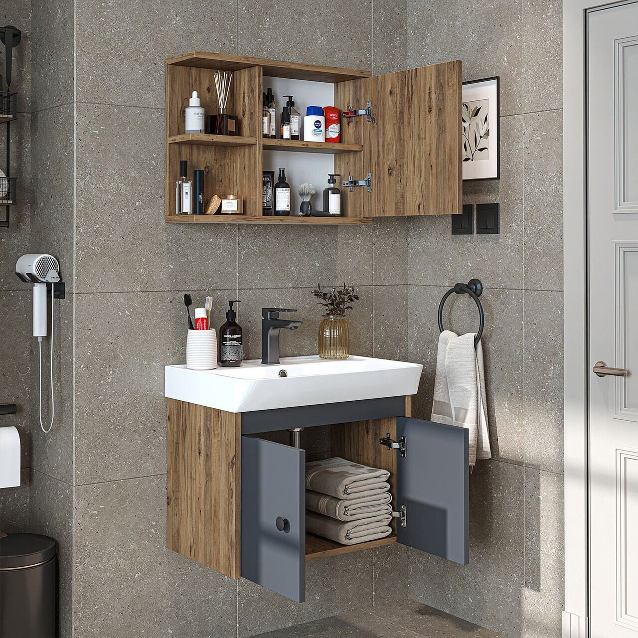 Set Dulap de Baie cu Chiuvetă și Oglindă (2 Piese), Hanah Home, 2865, PAL MELAMINAT, Pin Atlantic / Antracit — imaginea 4