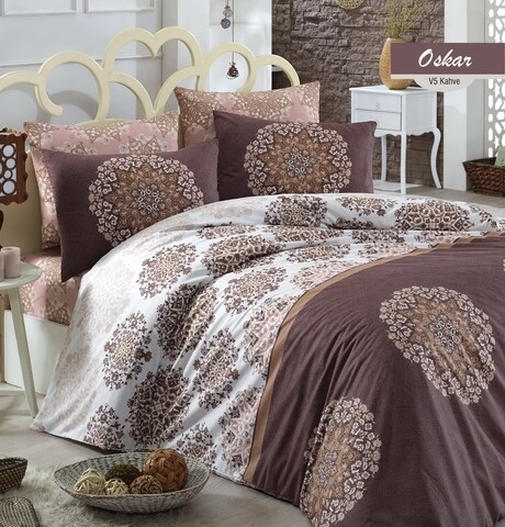 Lenjerie de pat dubla Oscar, Majoli Home Collection, 4 piese, 200x220 cm, 100% bumbac ranforce, maro