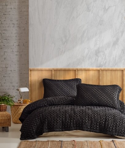 Set cuvertura de pat dubla Pique, 3 piese, 220x240 cm, 100% bumbac Jacquard, Saheser, Enza, antracit