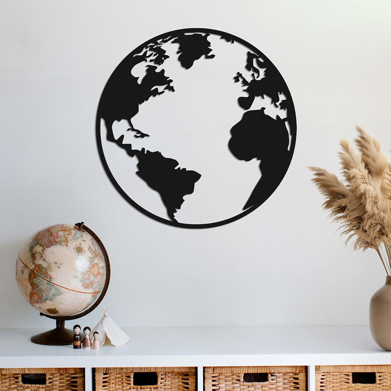 Decoratiune de perete, World, Metal, Grosime: 1,2 mm, Negru