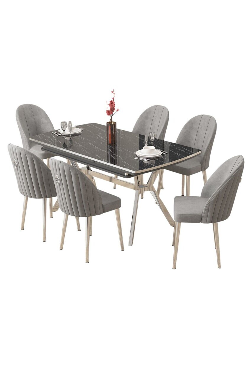 Set masa extensibila si scaune (7 piese), Hanah Home, Sim, Model de marmură neagră / Crom / Gri — imaginea 2