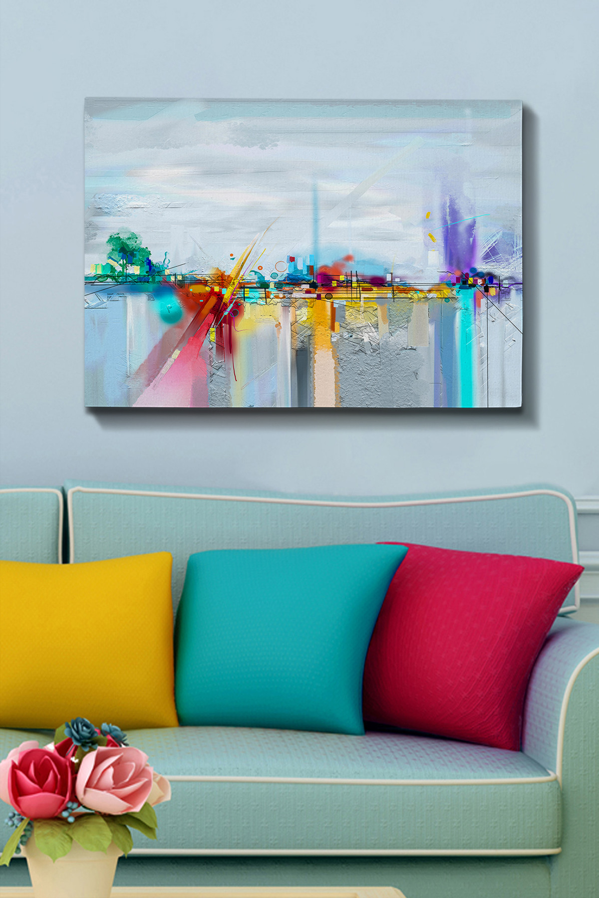 Tablou decorativ, Kanvas Tablo (70 x 100), Canvas, Rama din lemn (grosime 3 cm), Multicolor