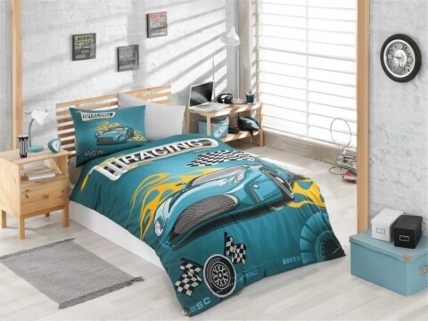 Lenjerie de pat pentru o persoana, 3 piese, 100% bumbac ranforce, Hobby, Racing, turcoaz
