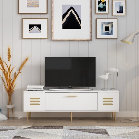 Comoda TV, Olivia, Paradise, 140 x 45 x 29.6 cm, pal melaminat, alb/auriu