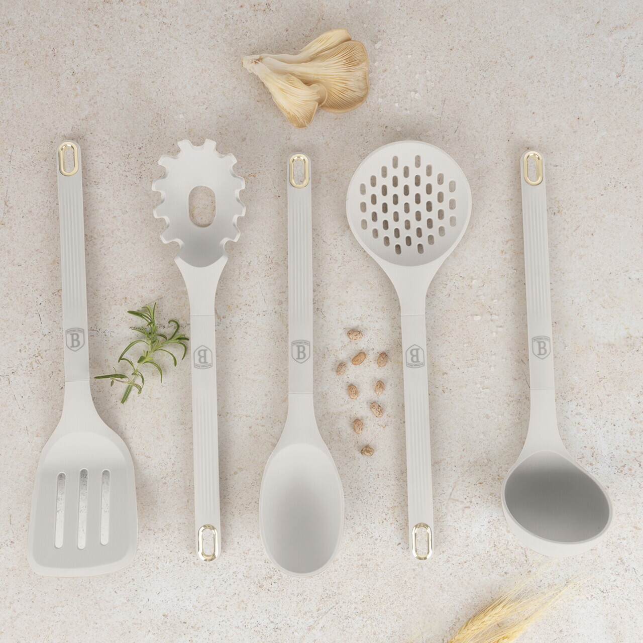 Set 5 ustensile de bucatarie cu suport, Berlinger Haus, Sahara, nailon/plastic, crem mat - imagine 3