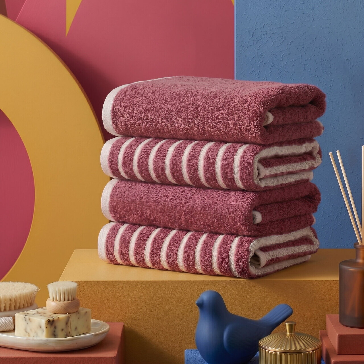 Set prosoape, L'essentiel Maison, Stripe Melange, Bumbac, Roz prafuit — imaginea 2
