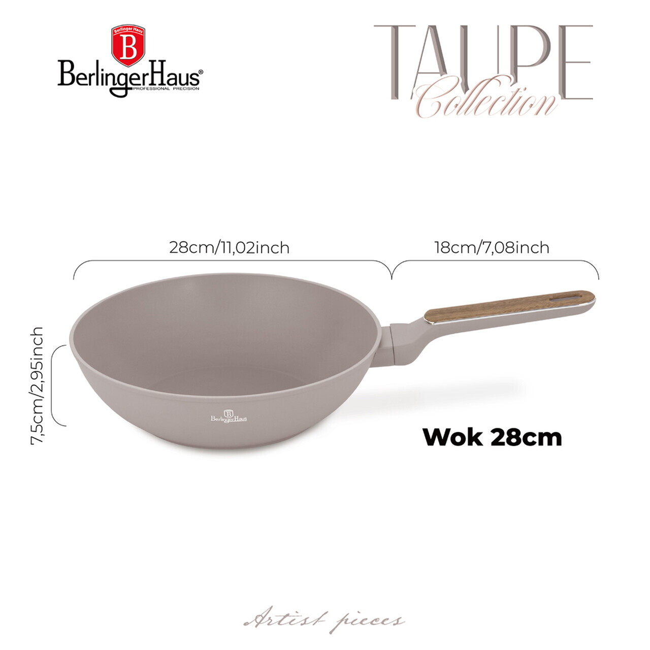 Tigaie Wok Berlinger Haus, Taupe Nordic, 28 cm, 3.5 L, aluminiu forjat, taupe mat/natur - imagine 8