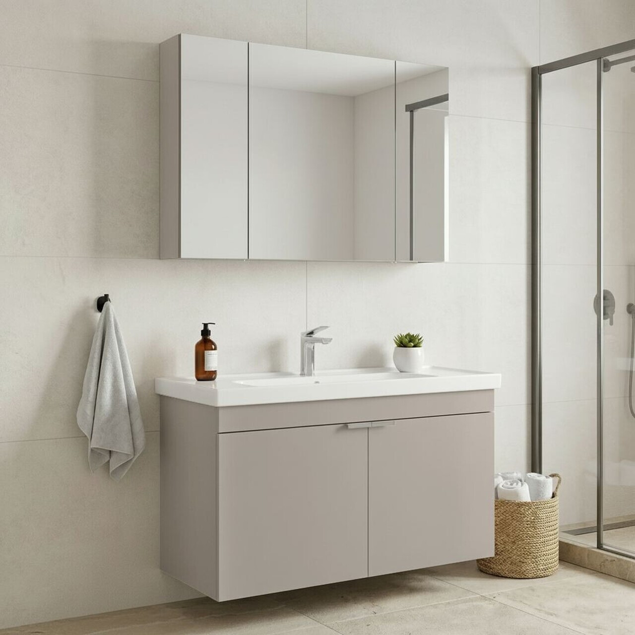 Set Dulap de Baie cu Chiuvetă și Oglindă (2 Piese), Hanah Home, Desna 100, Nisip — imaginea 2