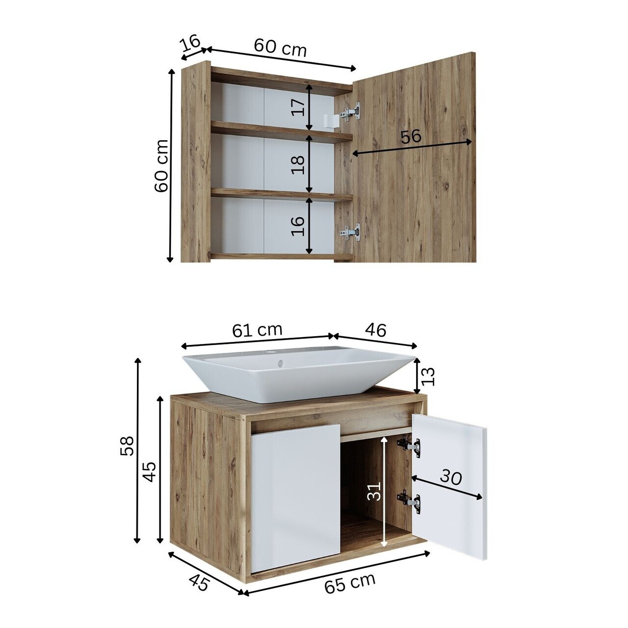Set Dulap de Baie cu Chiuvetă și Oglindă (2 Piese), Hanah Home, 1759, MDF-LAM, Pin Atlantic / Alb Mat — imaginea 7