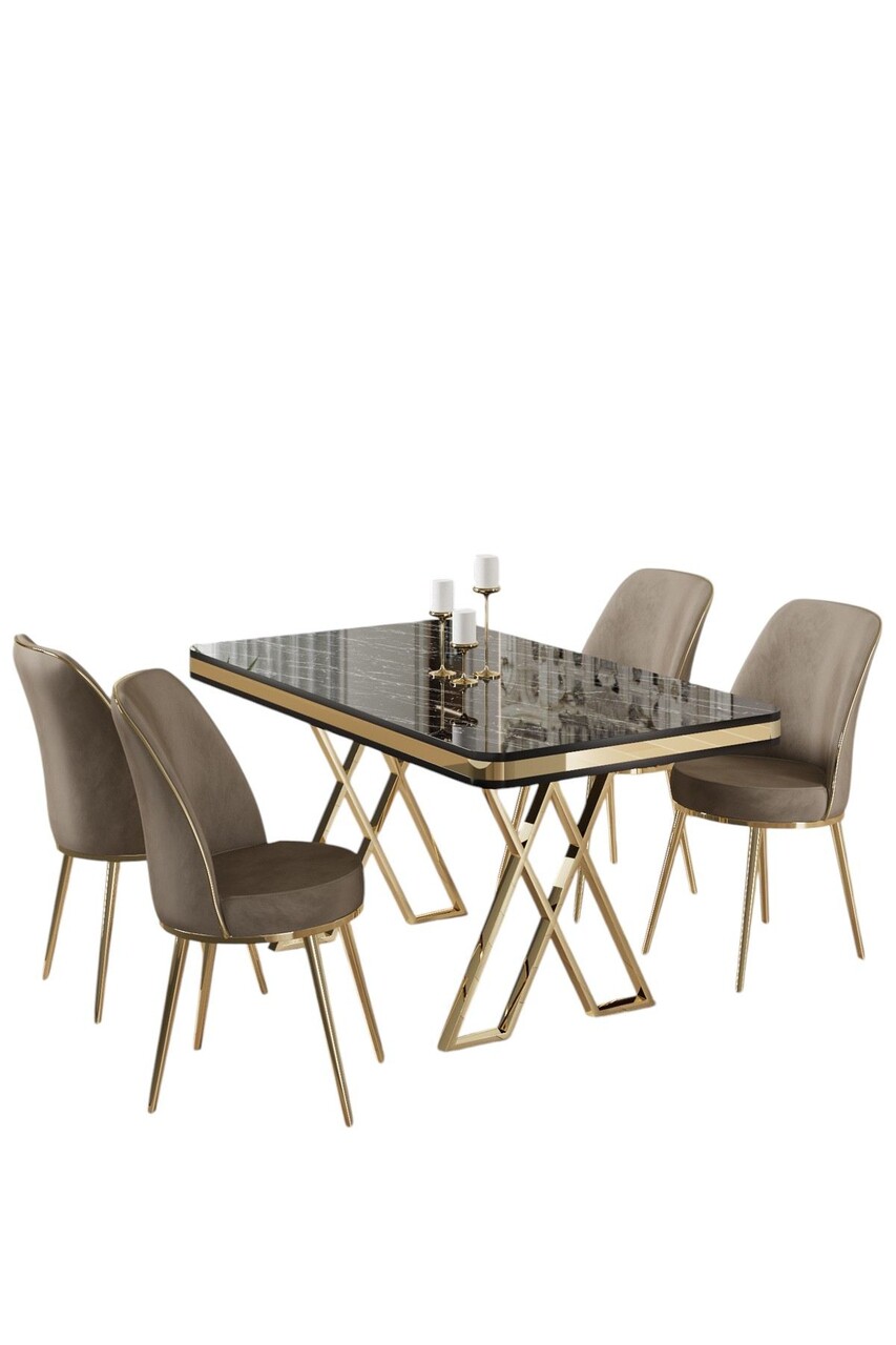 Set masă și scaune (5 bucăți), Hanah Home, Vals, Marmură neagră / Auriu / Cappuccino - imagine 2