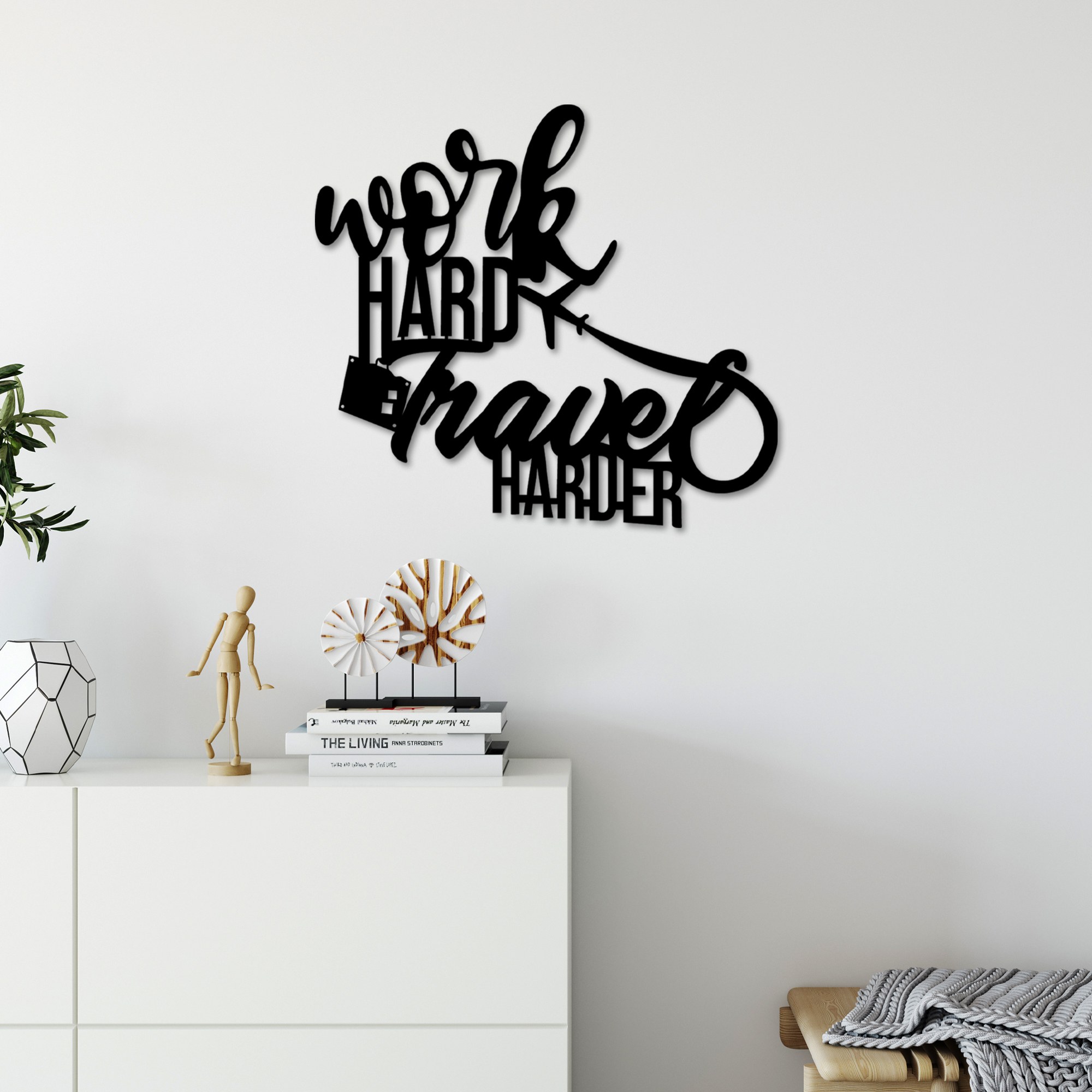 Decoratiune de perete, Work Hard Travel Harder, Dimensiune: 45 x 42 cm , Negru
