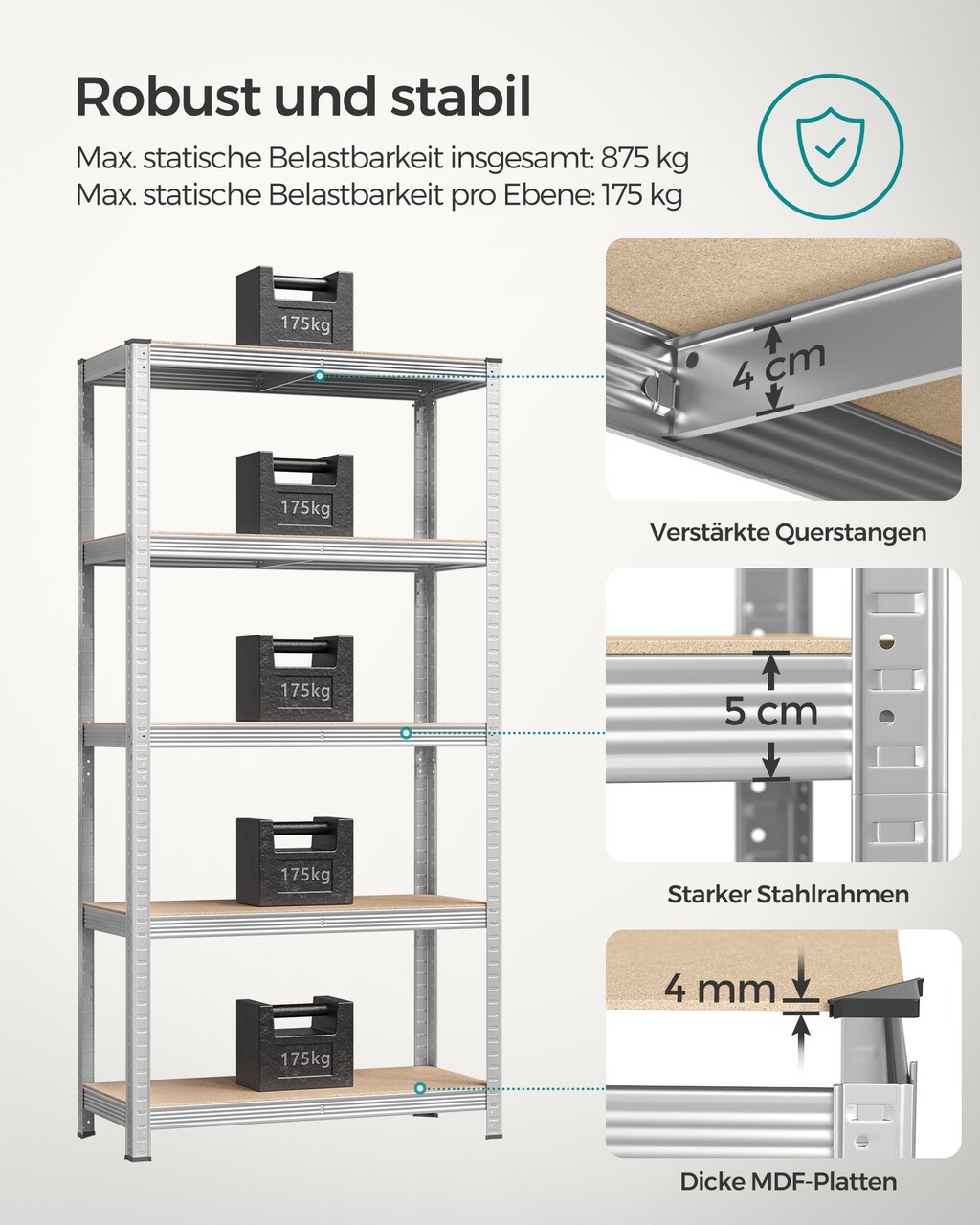 Raft modulat pentru depozitare, Songmics, max 875 kg, 90x40x180 cm, MDF/otel, argintiu