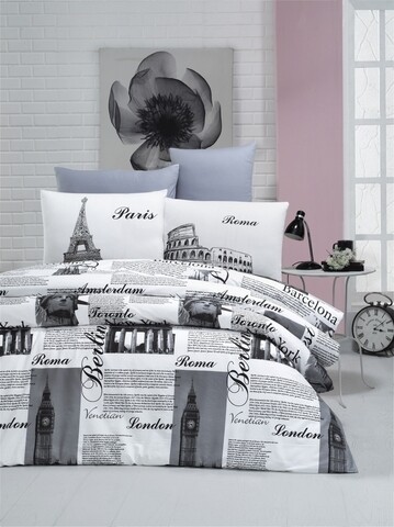 Lenjerie de pat dubla king size, victoria, city, 4 piese, 100% bumbac ranforce, alb/gri