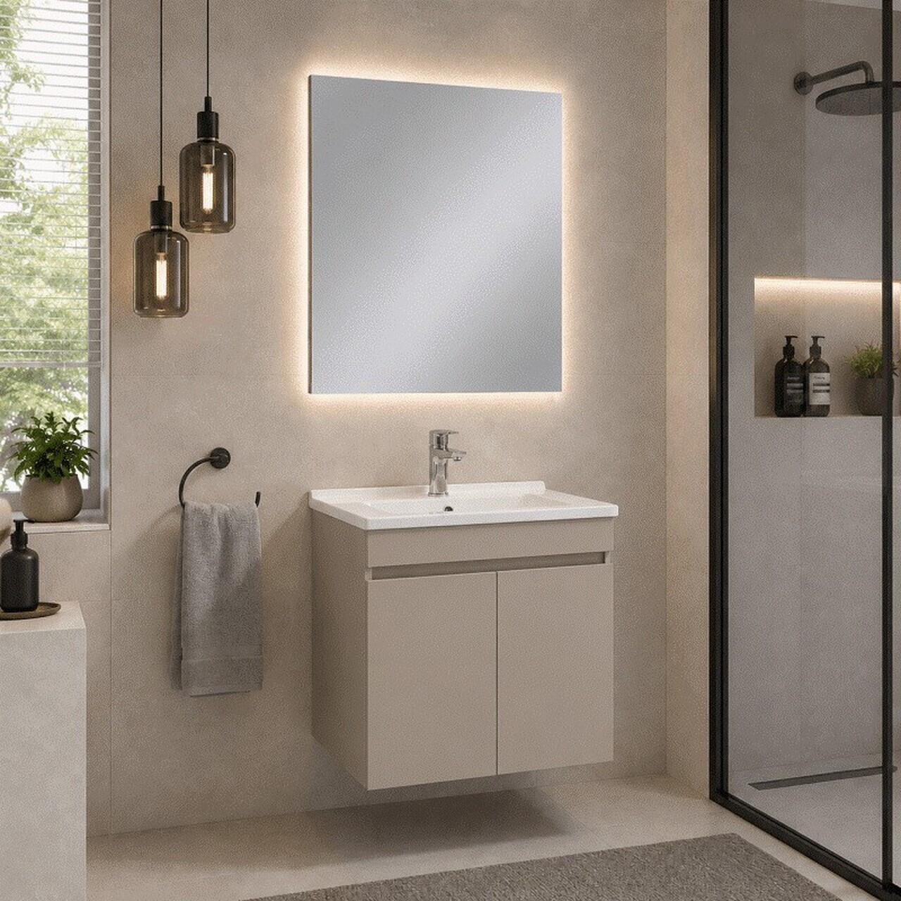 Set Dulap de Baie cu Chiuvetă și Oglindă (2 Piese), Hanah Home, Fold 60, Latte