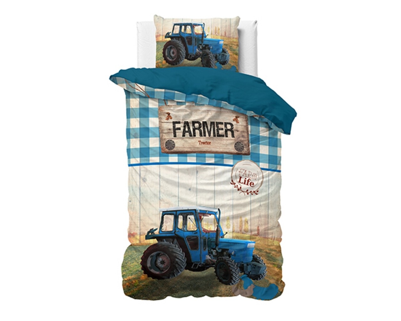 Lenjerie De Pat Pentru O Persoana, Tractor Life Blue, Dreamhouse, 2 Piese, 100% Bumbac, Multicolora