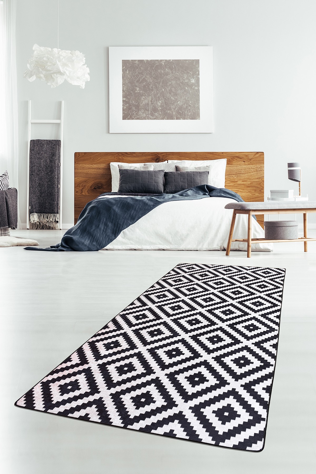 Covor, Black White Djt, 100x140 cm, Alb/Negru