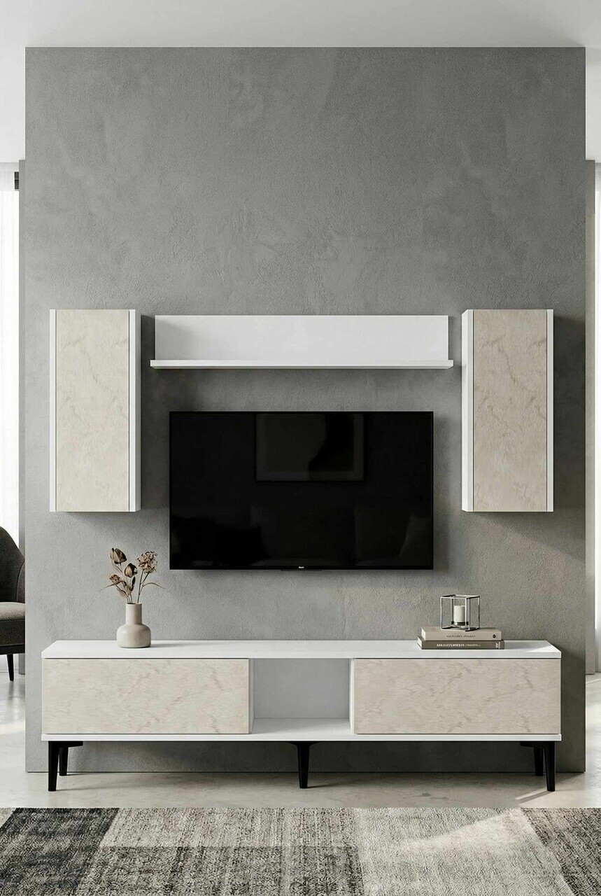 Comoda TV, Hanah Home, Didema 150, 150x40.5x30 cm, Alb / Travertin
