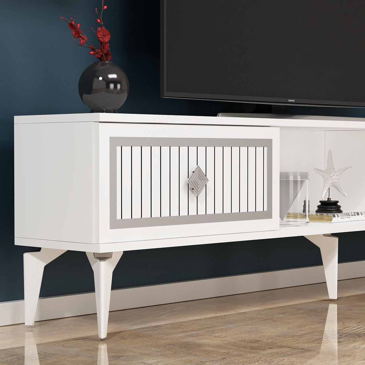 Comoda TV, Olivia, Nil, 150x44.6x29.6 cm, PAL, Alb / Argintiu - 2 | YEO