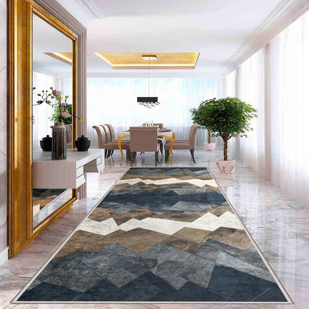 Covor Wooylk0101 80x250 cm Poliester Crem / Cămilă / Maro / Negru