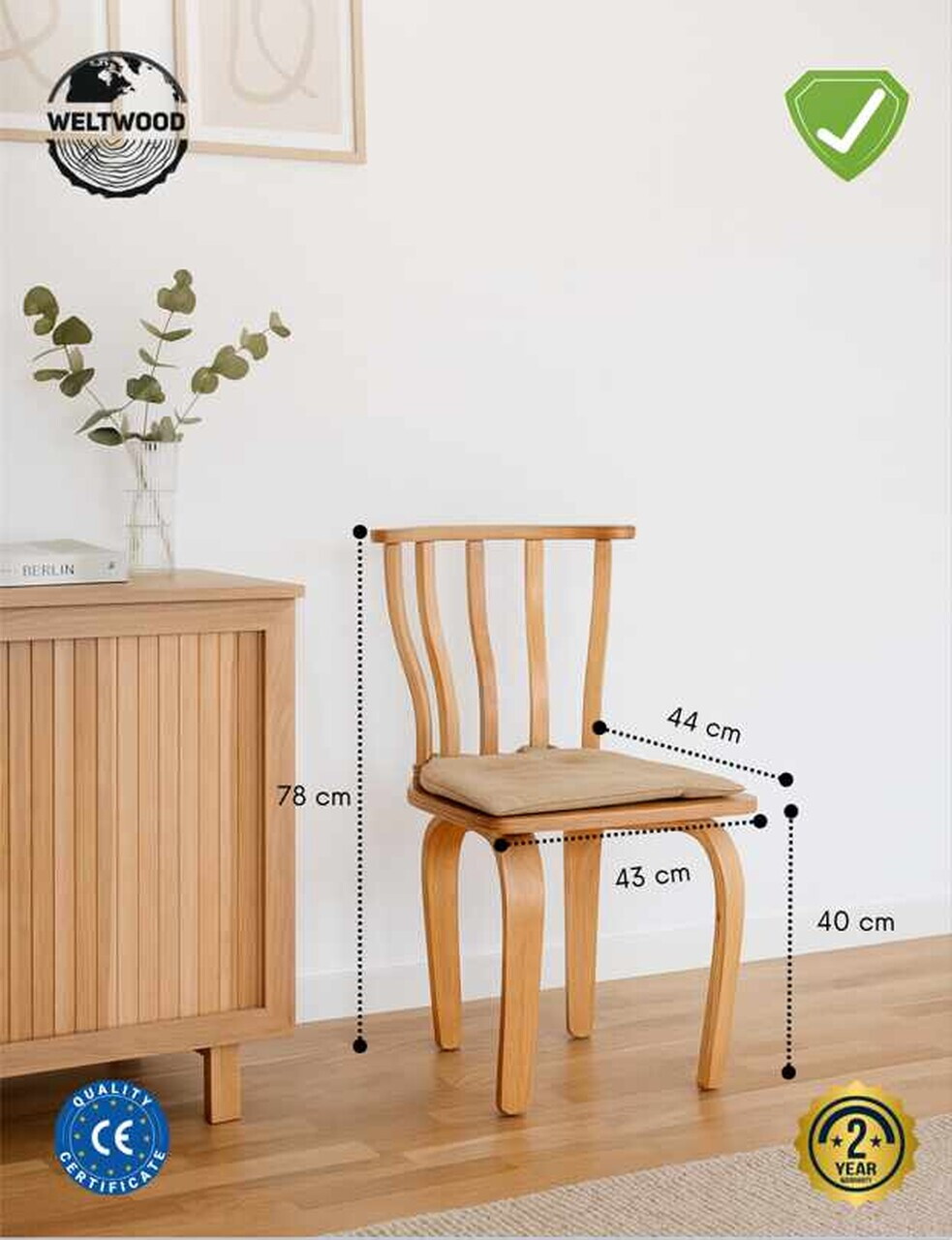 Scaun, Hanah Home, Italian, 43x78x44 cm, Lemn de fag, Natural - view 3