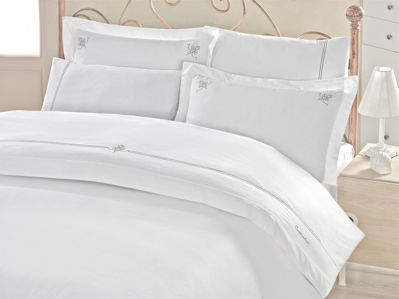 Lenjerie de pat dubla King Size, Cotton Box, Guher, 6 piese, 240x260 cm, bumbac satinat, alb