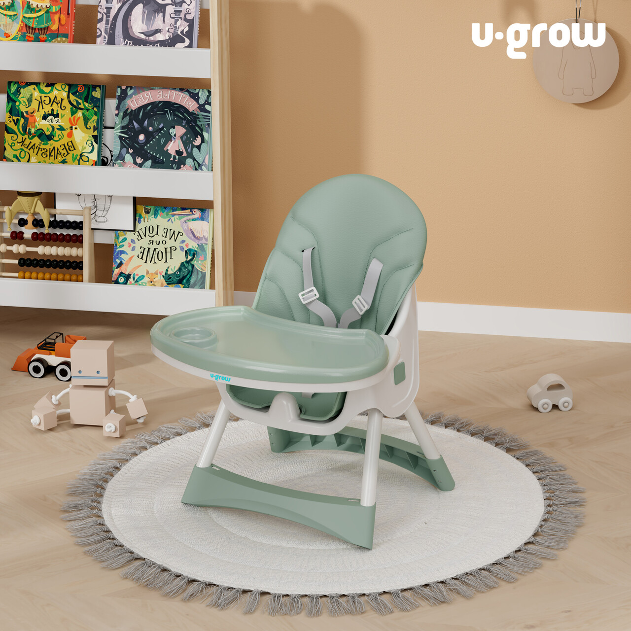 Scaun de masa pentru bebelusi 2 in 1, U-Grow, 43x27x50.5 cm, piele ecologica/textil, alb/verde