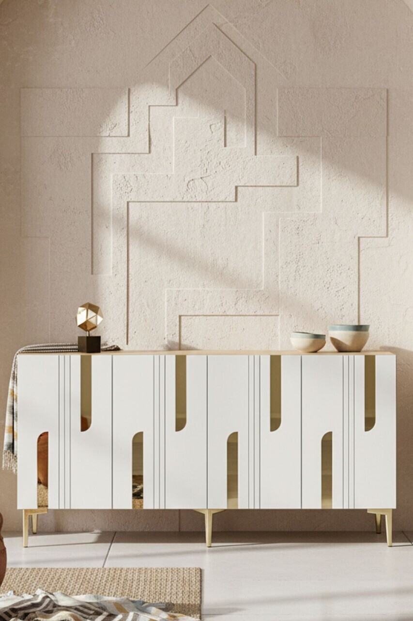 Consola, Hanah Home, Nota 150, 150x75x32 cm, Stejar Safir / Alb / Auriu — imaginea 2