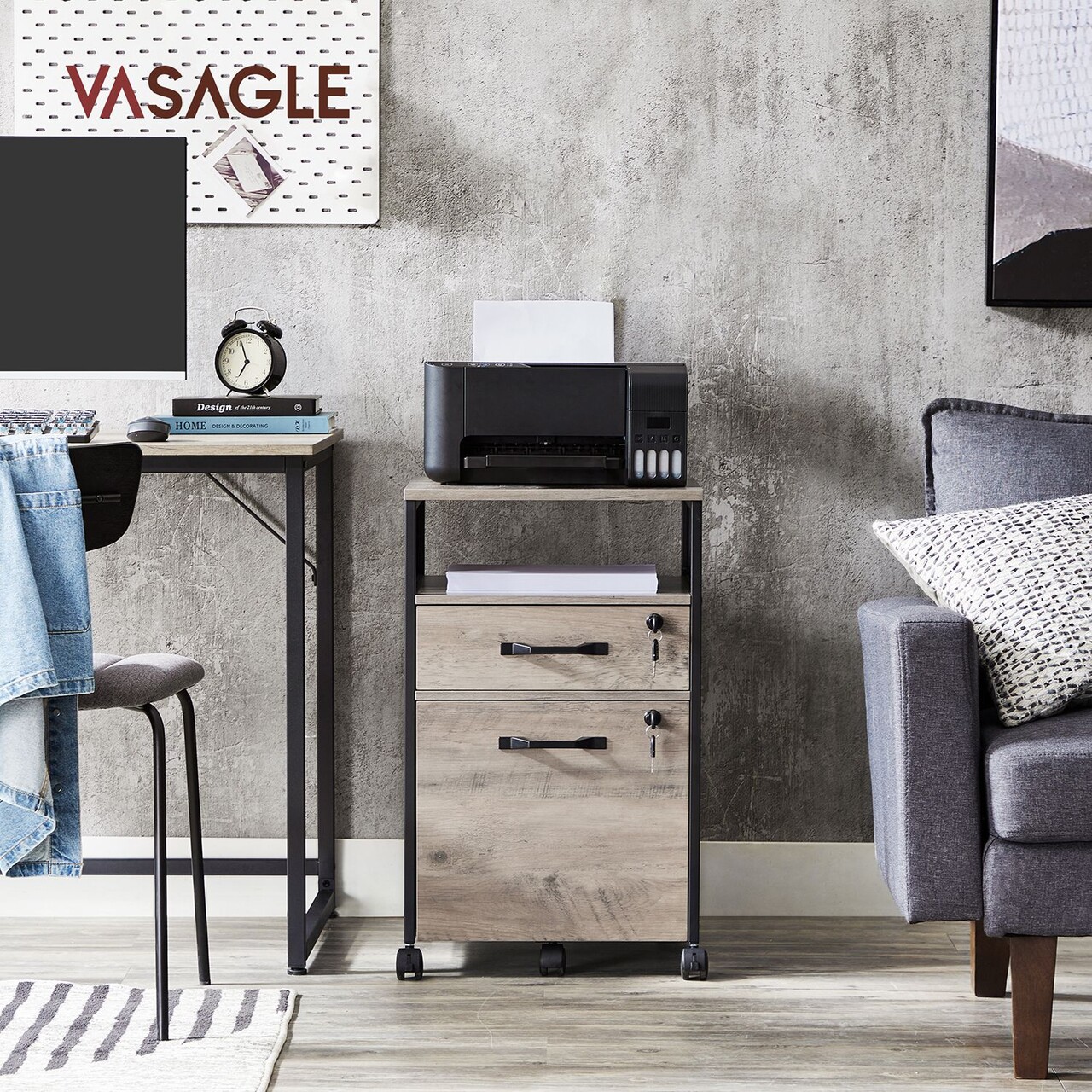Dulap de birou pentru dosare, Vasagle, cu compartiment A4 si letter, 42x44x69 cm, MDF/PAL/otel, grej