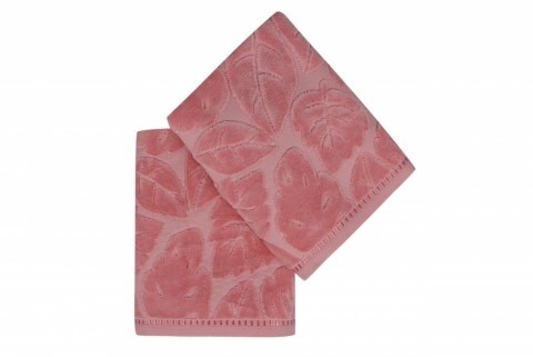 Set 2 prosoape de maini 50×90 cm, 100% bumbac, Saheser, Kısmi Kadife Yaprak, roz coral mezoni.ro