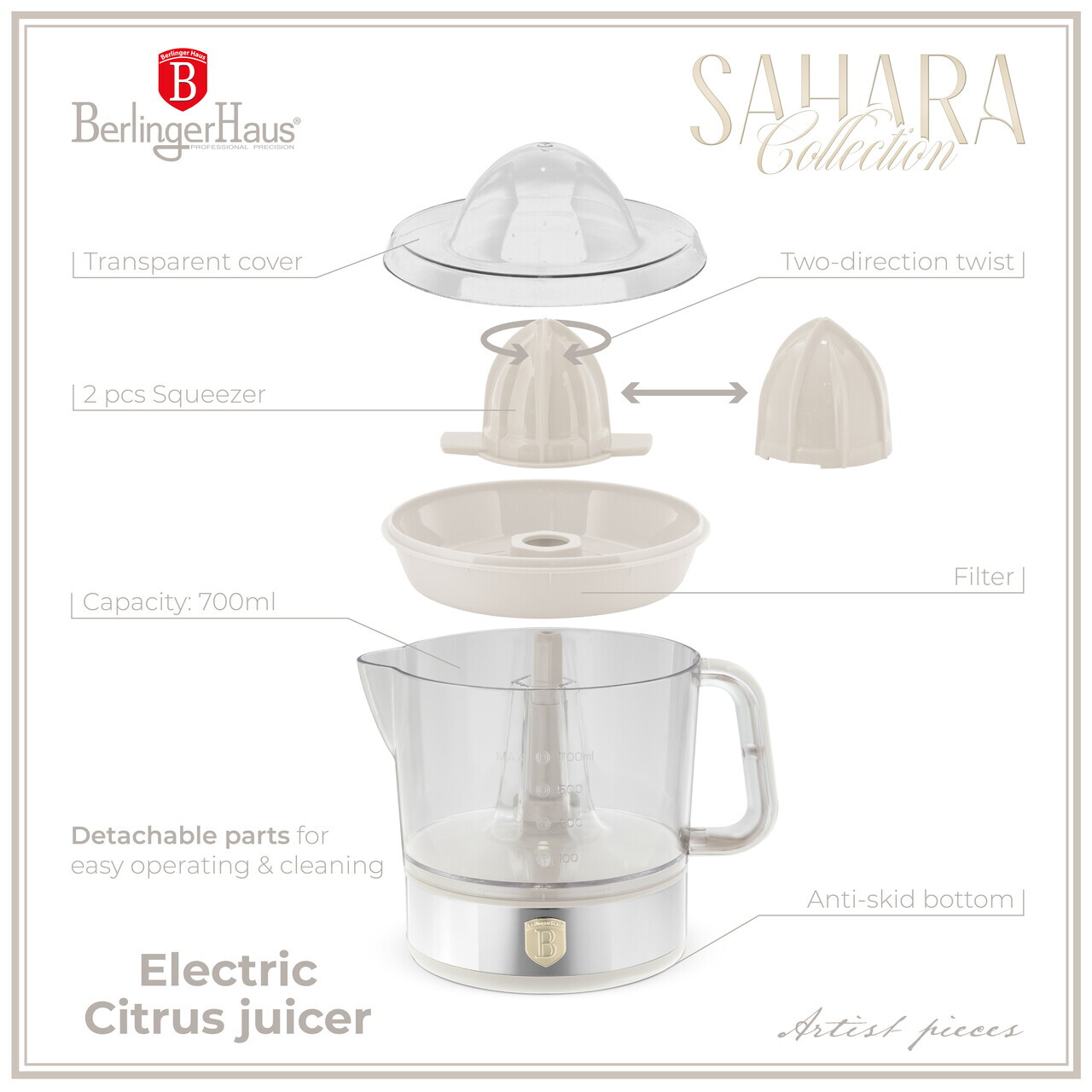 Storcator electric de citrice Berlinger Haus, Sahara, 40W, 700 ml, plastic/inox, crem/transparent - imagine 8