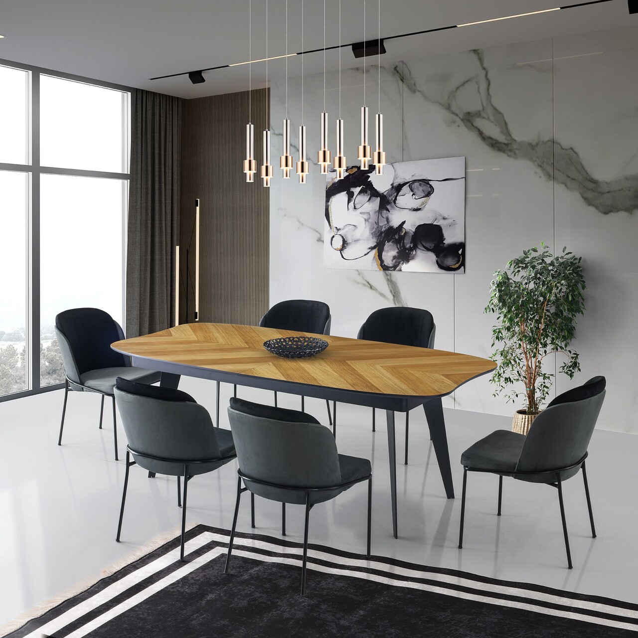 Masa, Nmobb, LR, 206+45+45x77x102 cm, 100% MDF pictat/furnir, Stejar / Negru - 1 | YEO