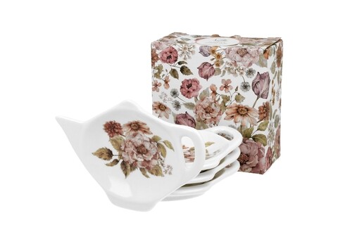 Set 4 suporturi pentru pliculete de ceai, duo, pastel flowers - white, 8.5 x 12 cm, portelan, multicolor