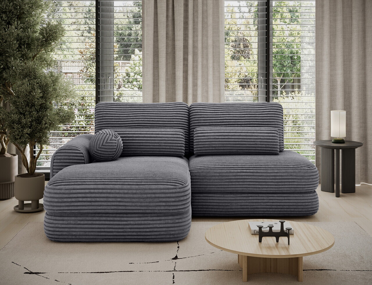 Coltar extensibil stanga 3 locuri ELTAP, Ripeli, 217x175x96 cm, lemn/catifea din poliester, gri inchis — imaginea 3