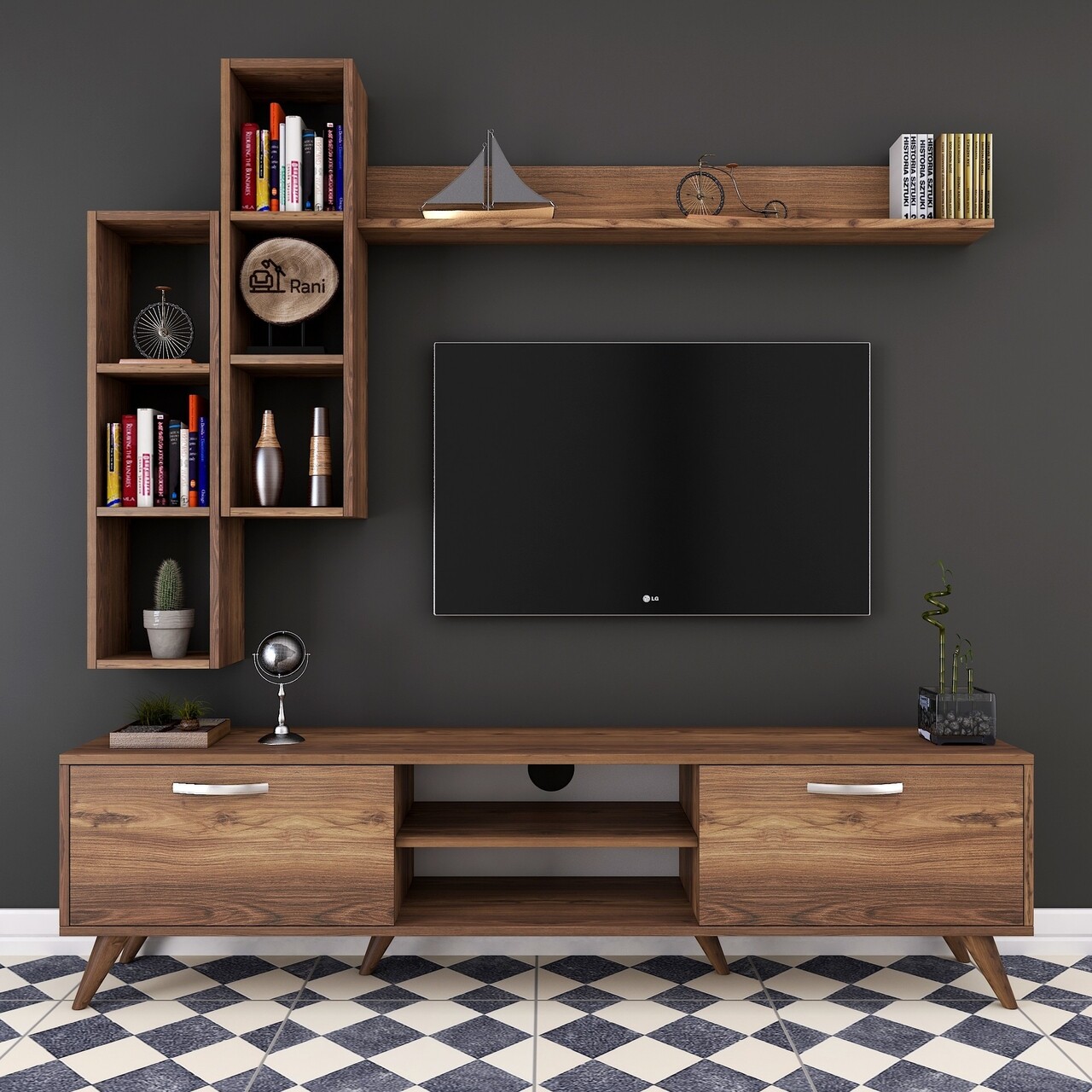 Comoda TV Cu 3 Rafturi De Perete M16 - 262, Wren, 180 X 35 X 48.6 Cm/90 Cm/133 Cm, Walnut