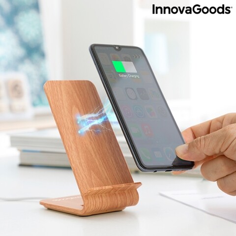 Incarcator fara fir cu efect de lemn cu suport Qistan InnovaGoods, 10x14.5x7 cm