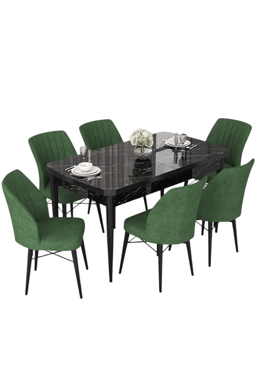 Set masa extensibila si scaune, Hanah Home, Nef, Marmură neagră / Kaki - view 2
