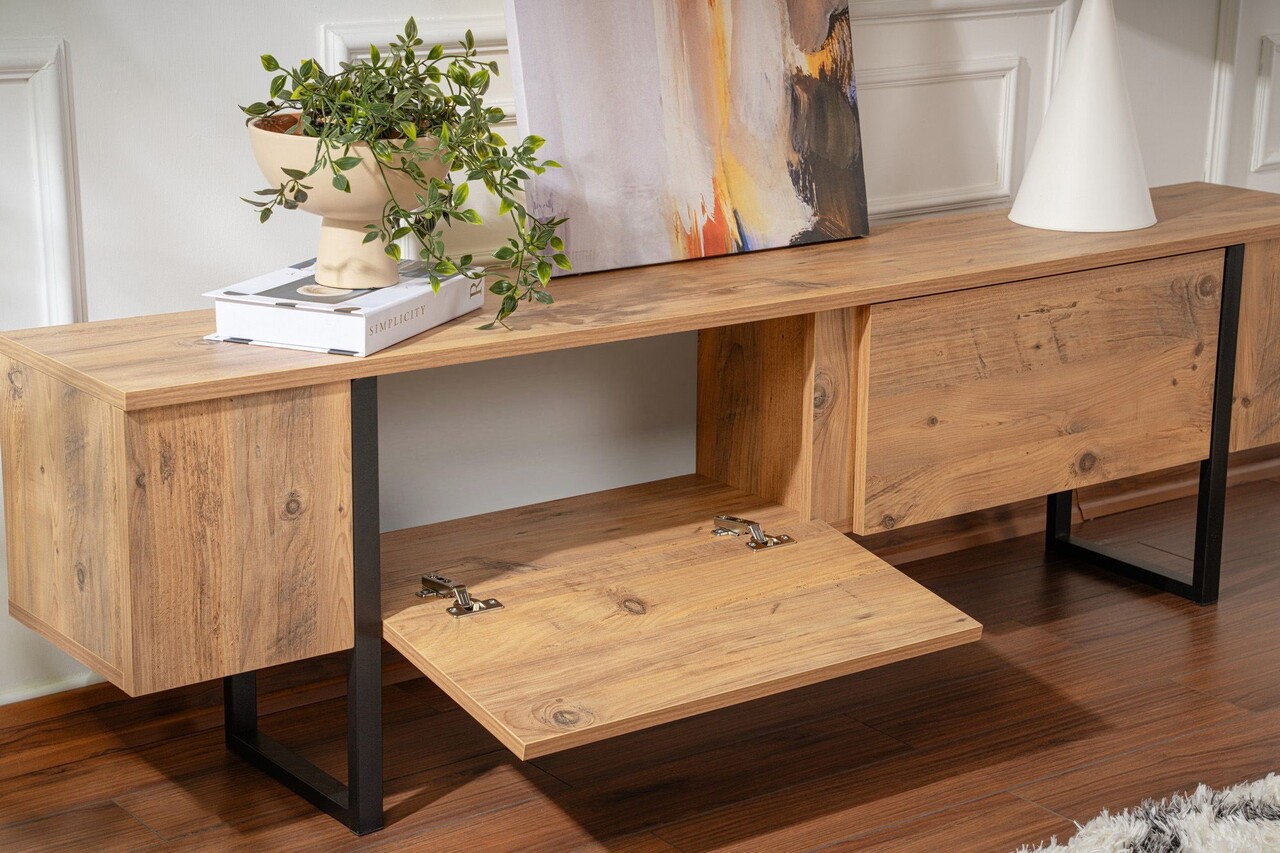 Comoda TV, Nordure, Serenity, 180x50x30 cm, Pin Atlantic / Negru - imagine 5