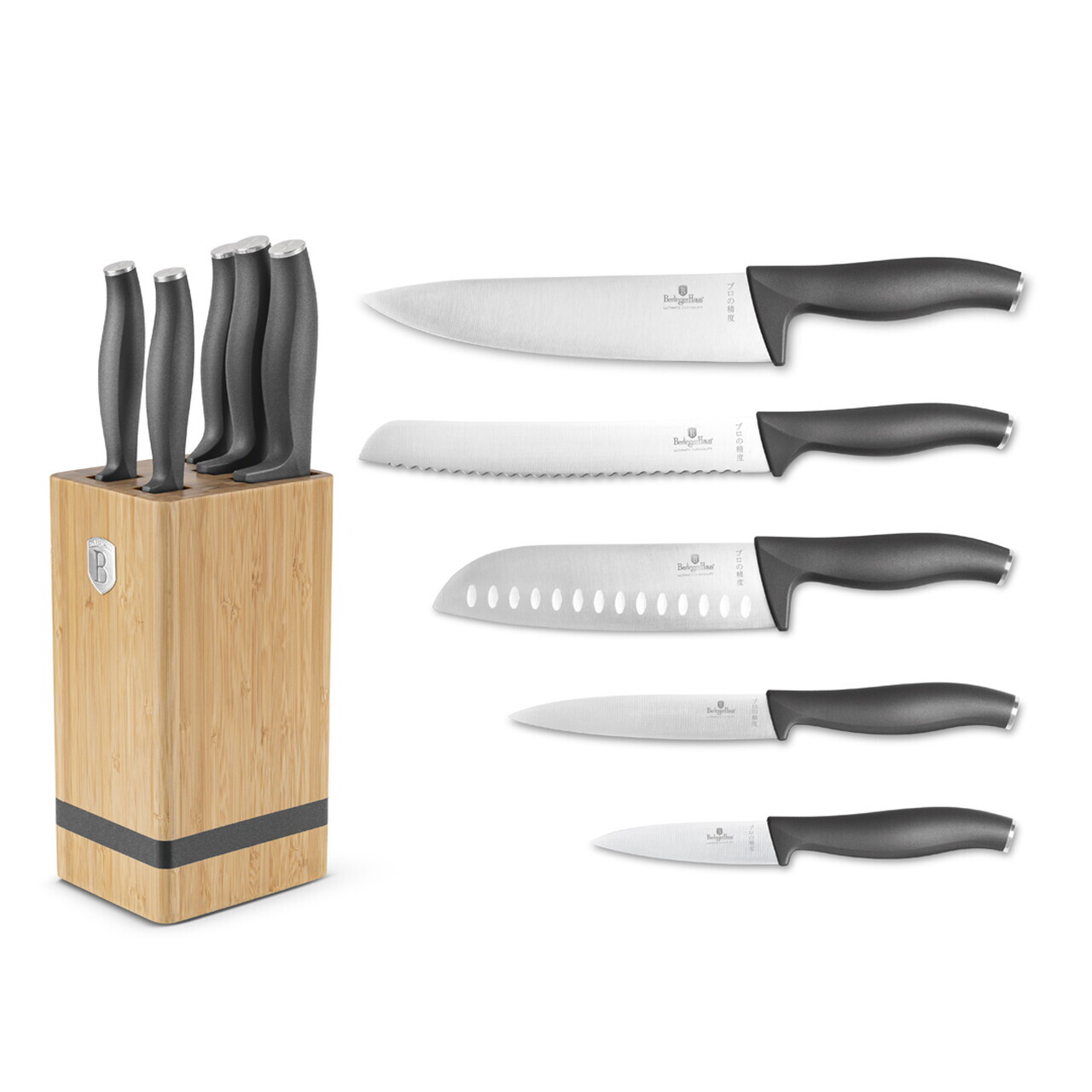 Set 5 cutite cu suport patrat Berlinger Haus, Anthracite, inox/bambus, antracit mat/natur - imagine 4