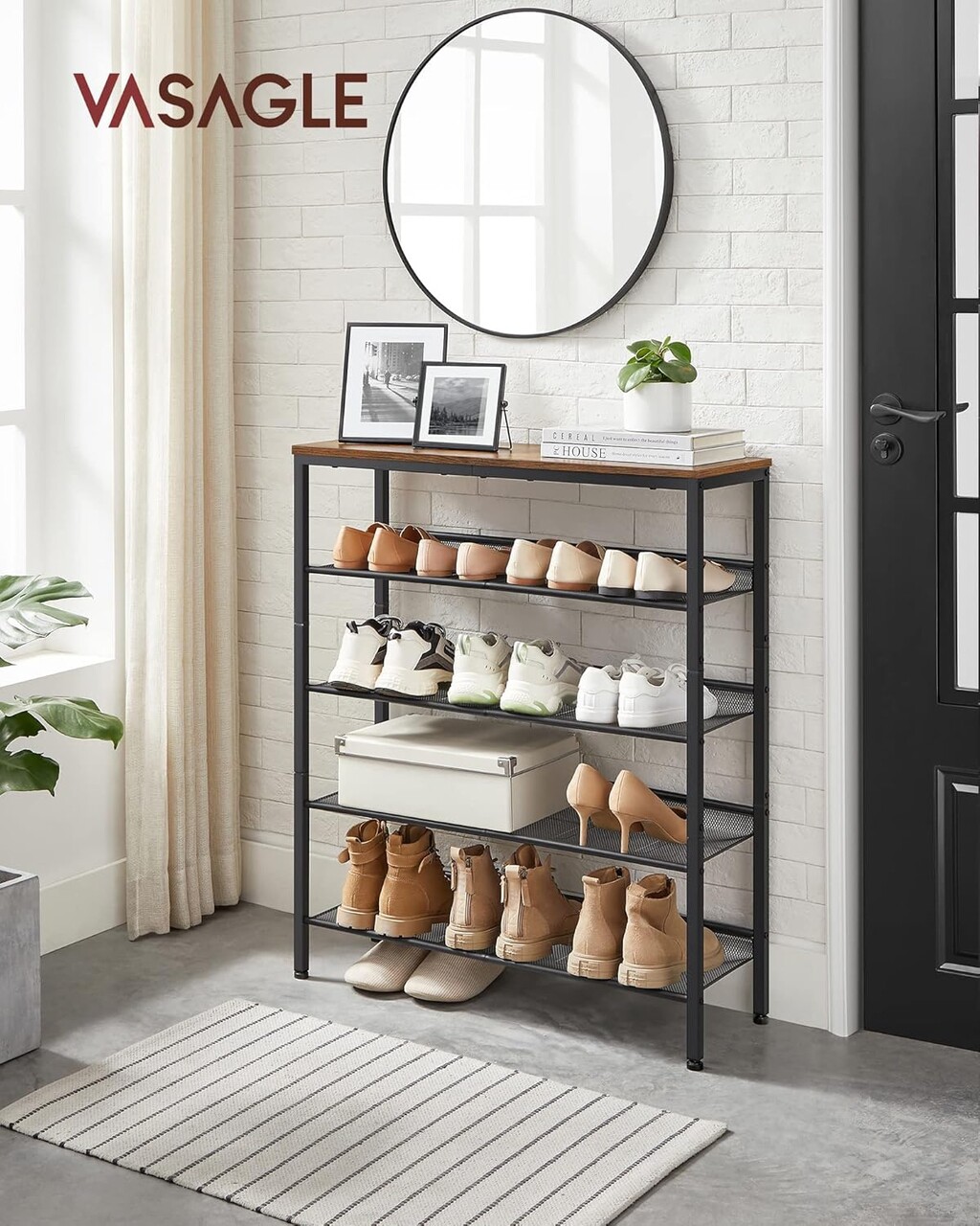 Pantofar cu 5 rafturi Tall, Vasagle, 75x30x93 cm, PAL/otel, maro - 2 | YEO