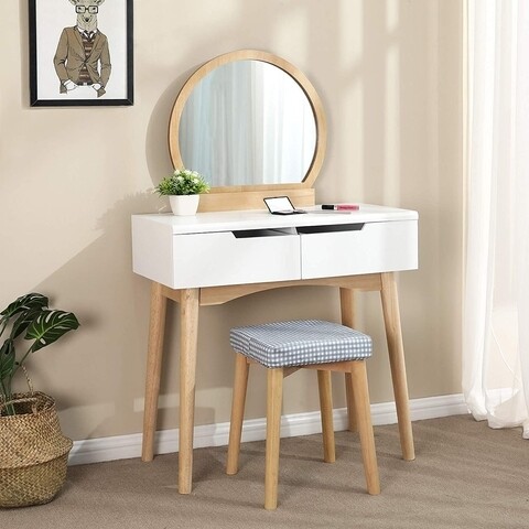 Masa de toaleta cu oglinda si scaun, Songmics, 80 x 40 x 128 cm, MDF/lemn de arbore de cauciuc