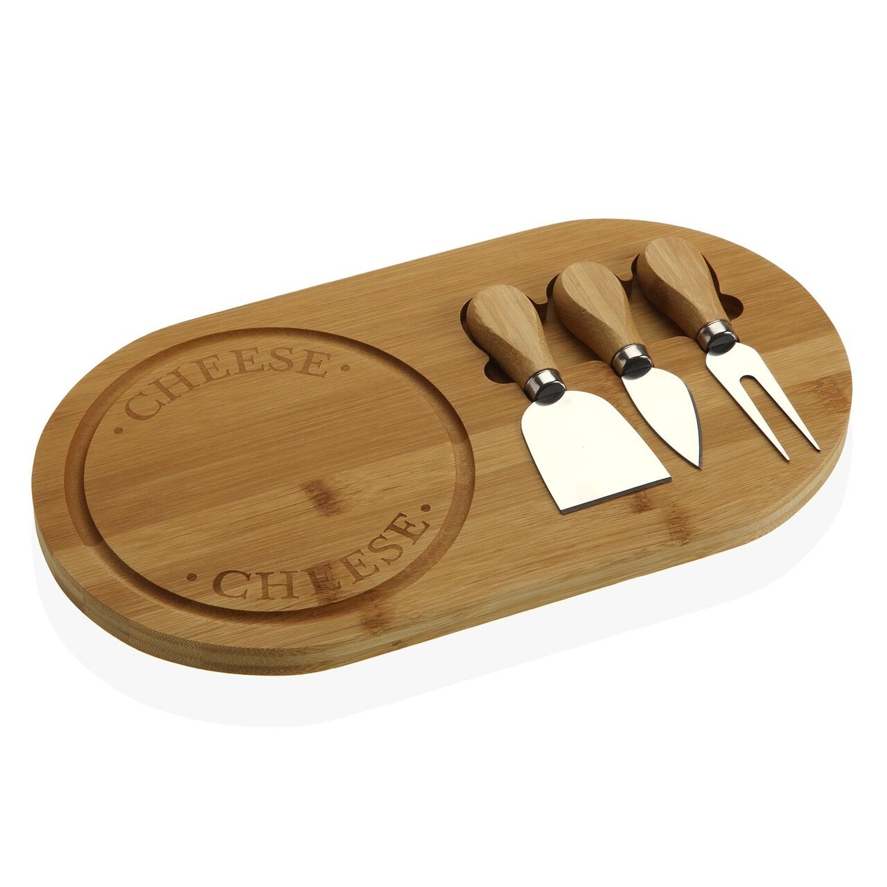 Set 3 ustensile pentru branzeturi si tocator / platou servire Cheeseboard, Versa, 6 x 5.5 x 13 cm, bambus