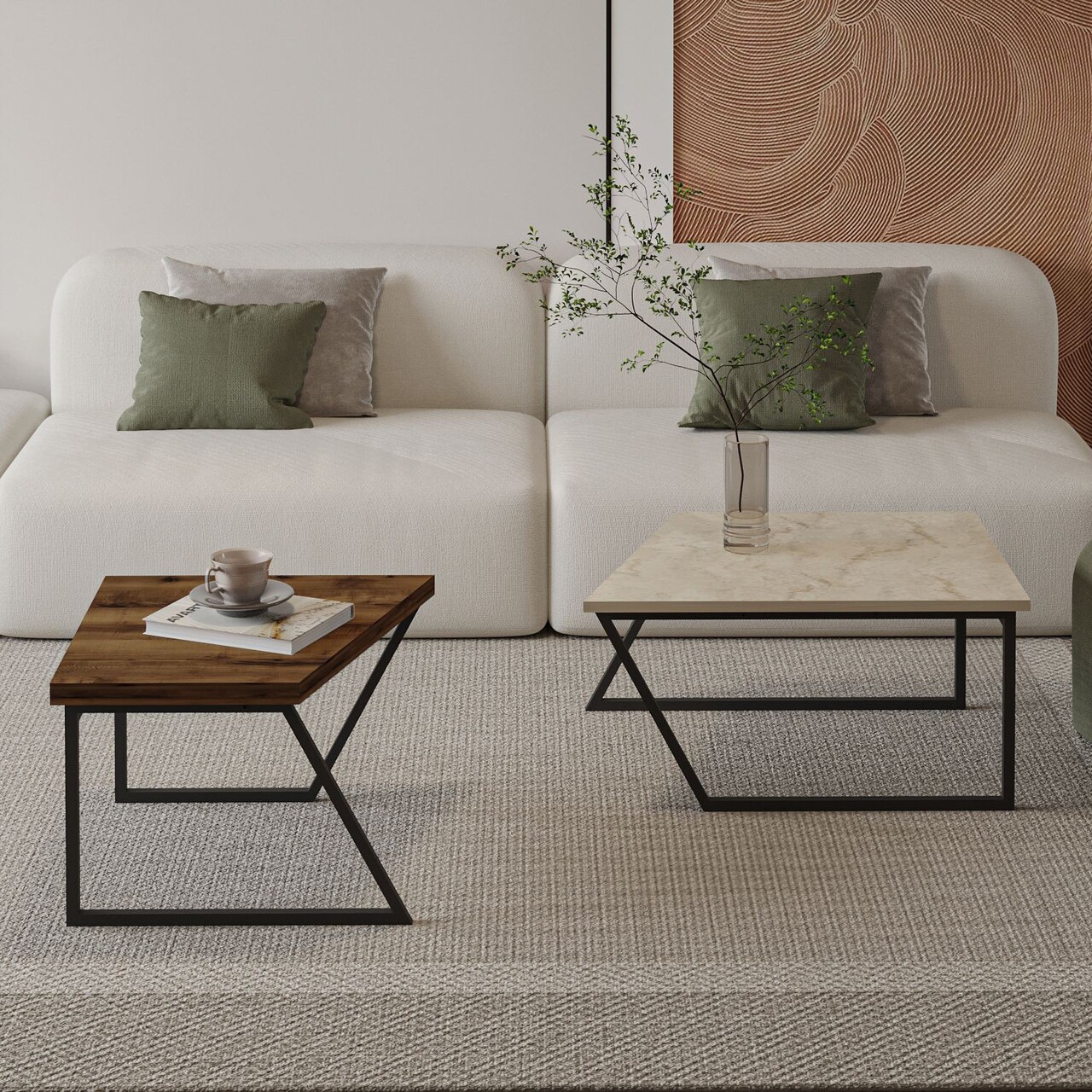 Set masute de cafea, Hanah Home, Verona P0024623, PAL, Travertin / Nuc rustic - imagine 4