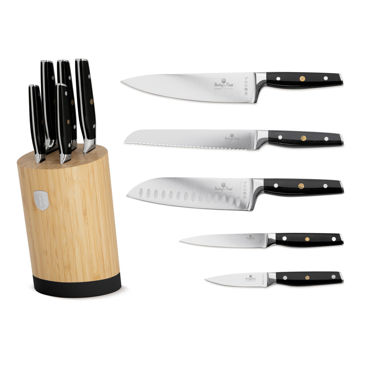 Set 5 cutite cu suport Berlinger Haus, Matte Black, inox/bambus, negru/natur - imagine 6